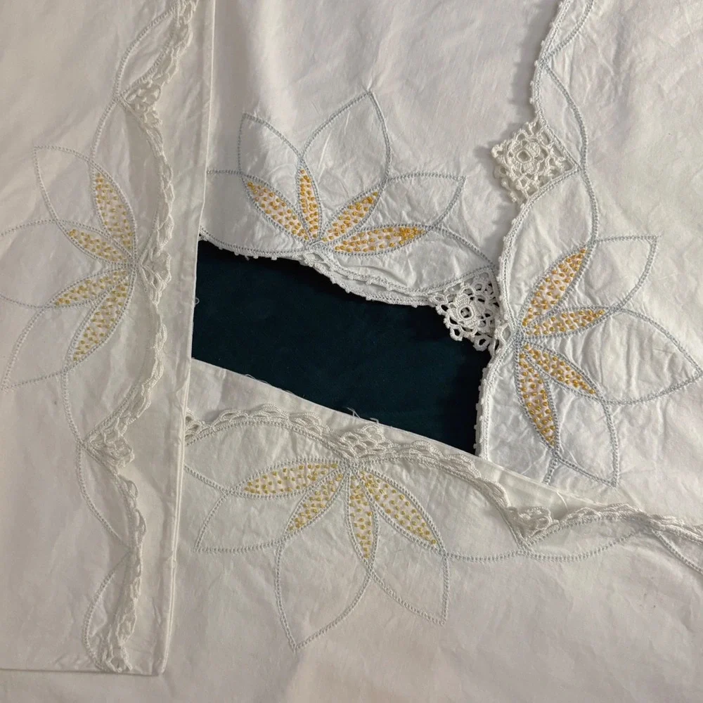 Vintage White Cotton Pillowcase Set 4 Hand Embroidered Lotus Flower Crochet Lace